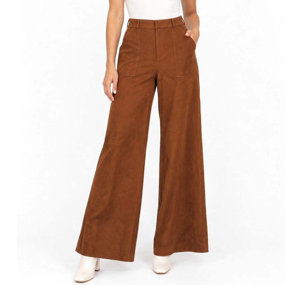 Ramy Brook Edwina Cognac Brown Faux Suede High Rise Wide Leg Pants Size 4
